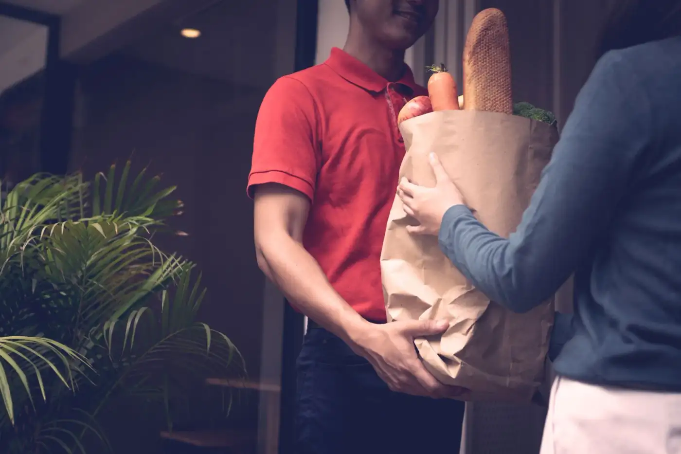Một cụ cao niên nhận túi thực phẩm tại nhà — nhiều D-SNP có trợ cấp mua thực phẩm và dịch vụ đưa đón đi khám bệnh